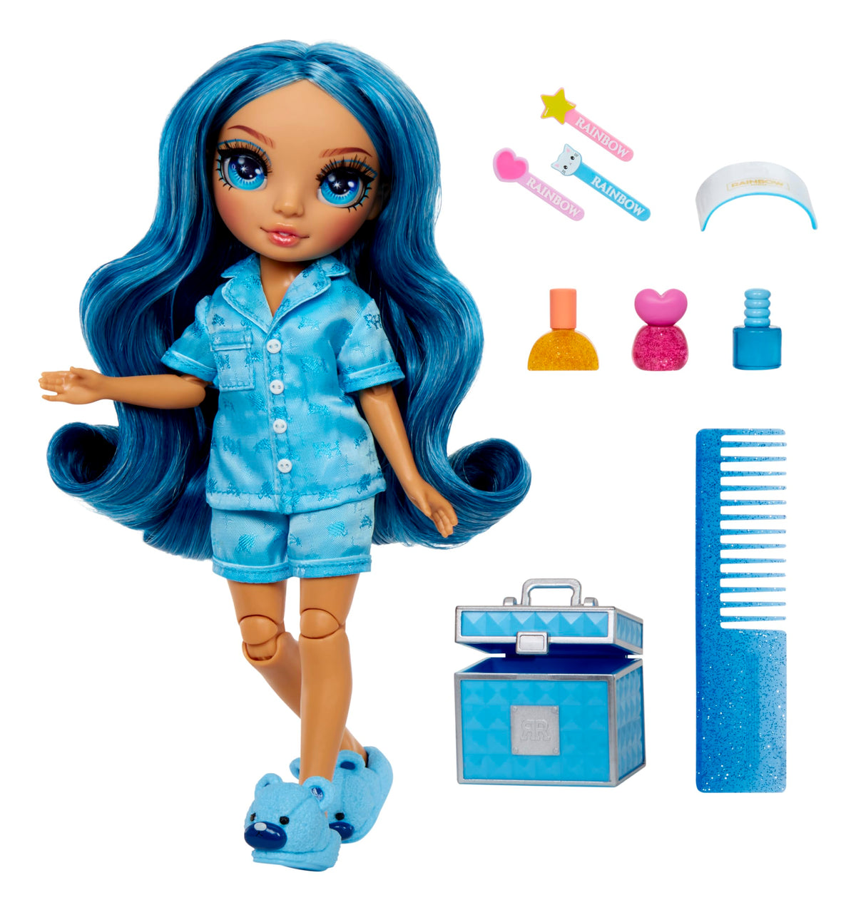 Rainbow High Skyler wearing pajama set with blue bear slippers for cozy pretend nights.