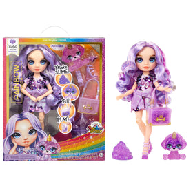 Rainbow High Violet doll posing to showcase flexible poseability and shimmer.