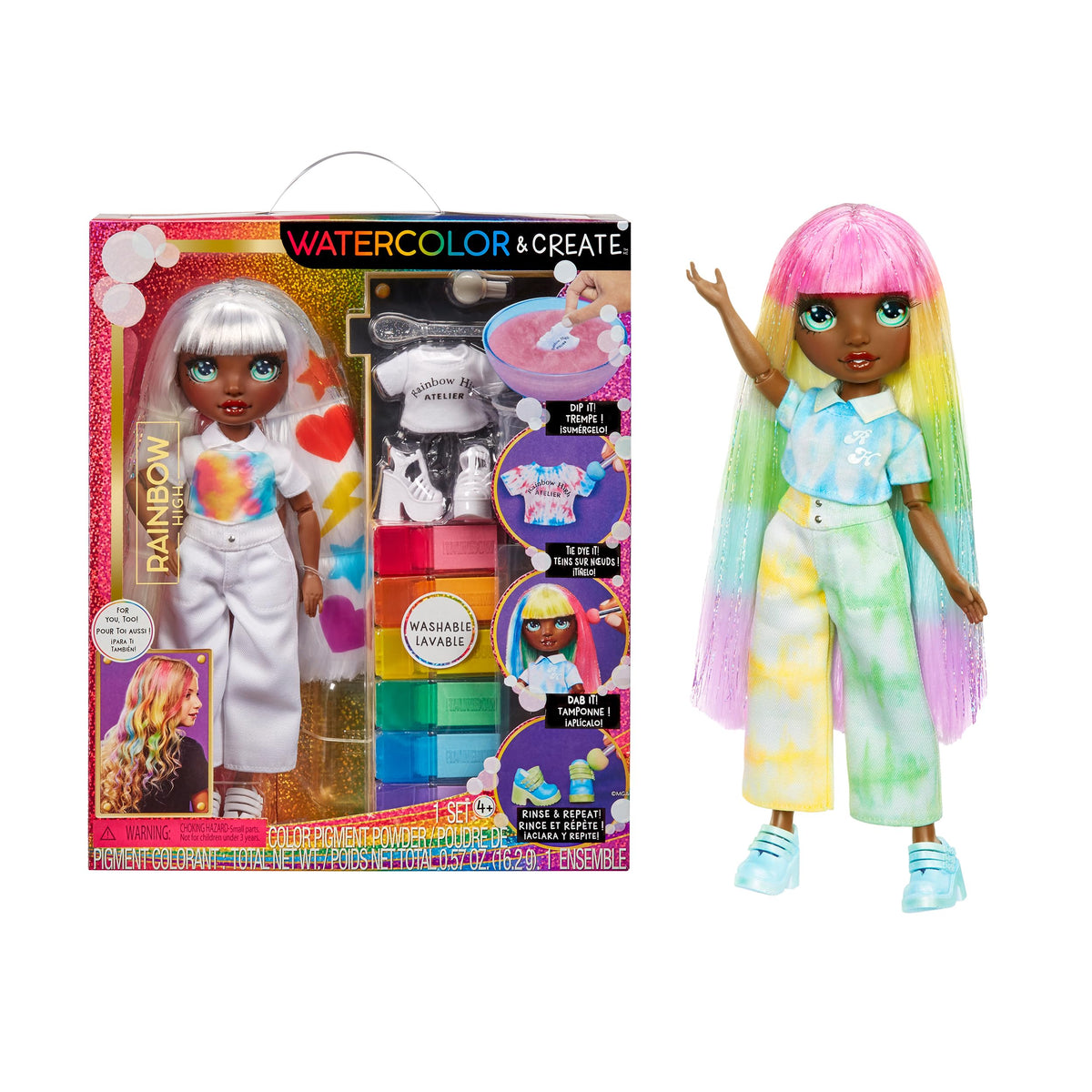 Rainbow High watercolor doll dip colors outfits and hair for vibrant customization.
