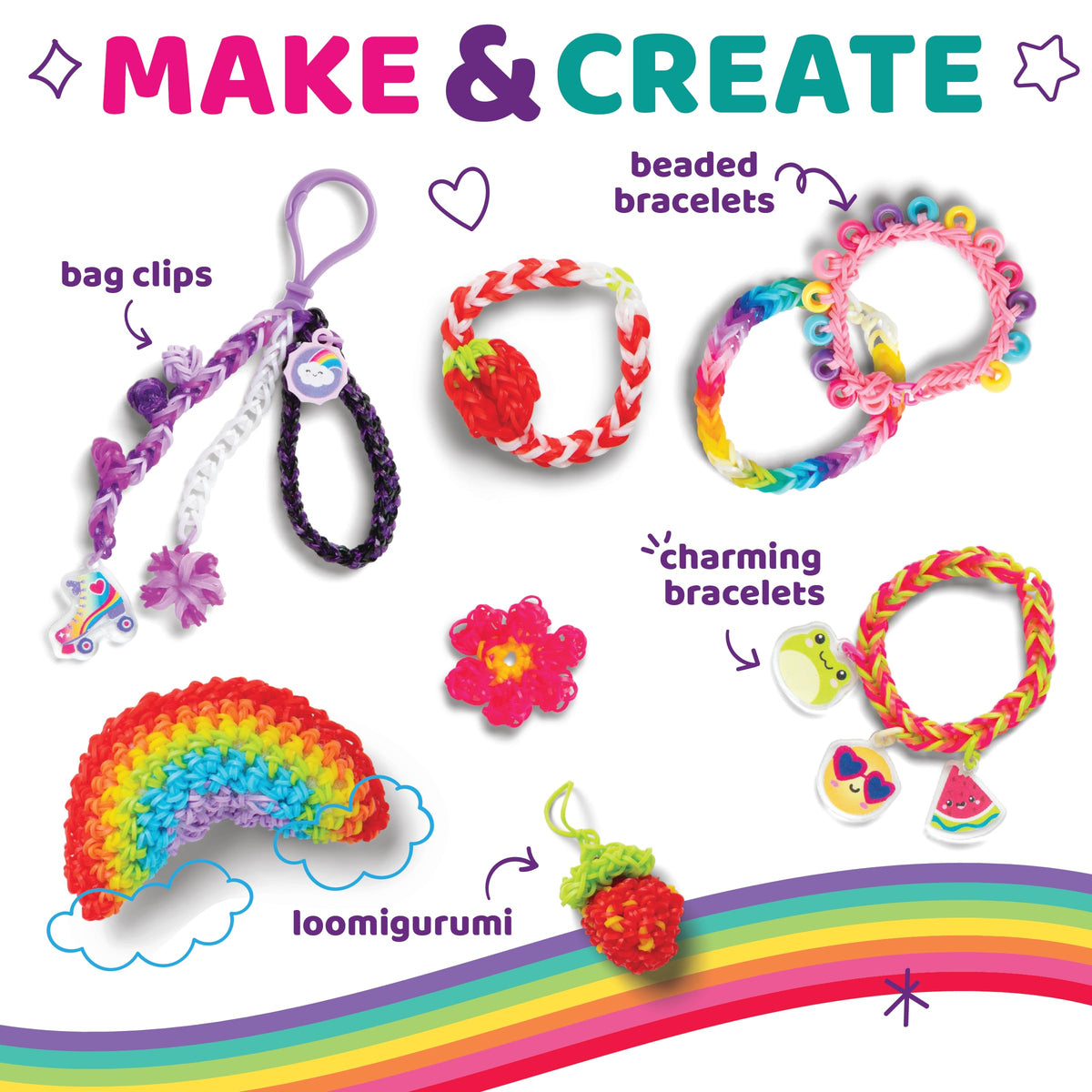 Rainbow Loom accessory pack includes clips, beads, and stickers for embellishments.