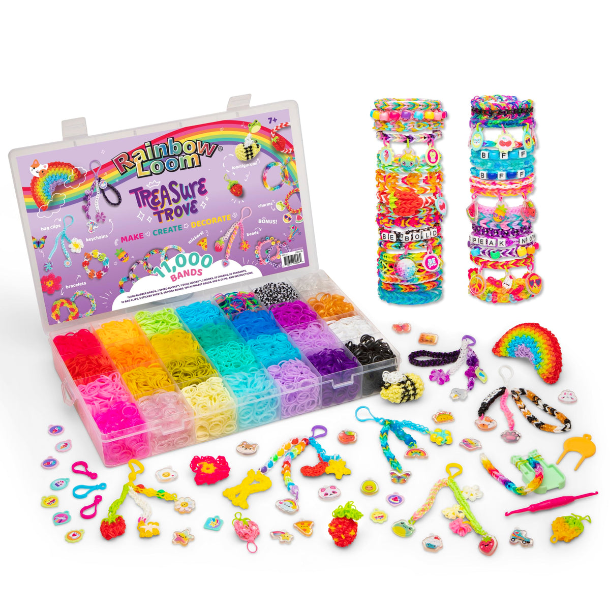 Rainbow Loom Treasure Trove with band collection in a case for creative bracelet making.