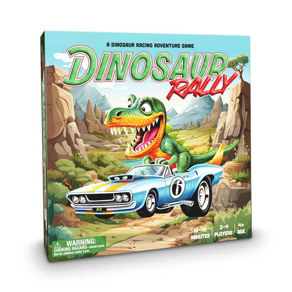 Rainbow Unicorn Rescue Raincorn Games Dinosaur Rally board with vivid prehistoric scenery for family play.