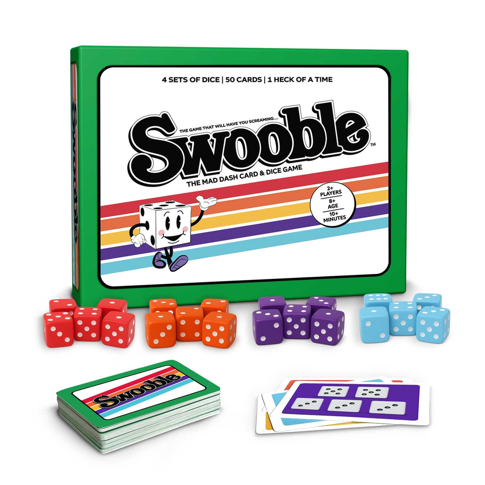 Rainbow Unicorn Rescue Swooble box front shows quick, fun family gameplay