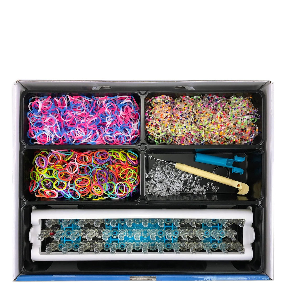 Rainbow Loom Bracelet Kit features 1,800 bands in bright color families for creative combos.
