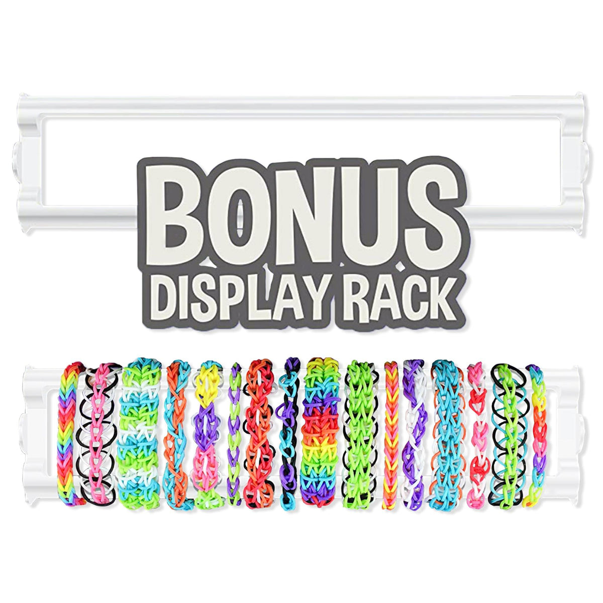Rainbow Loom Bracelet Kit display rack holds up to 20 bracelets for organized display.
