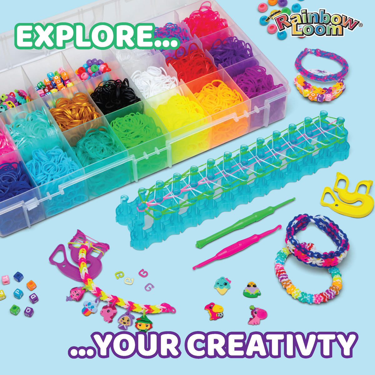 Rainbow Loom Loomi-Pals Mega 60 charms add playful personalization to bracelets.