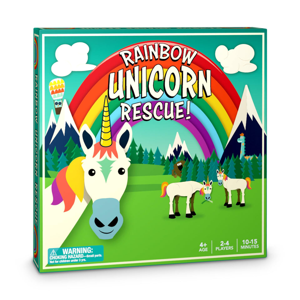 Raincorn Games Rainbow Unicorn Rescue box for family game night.