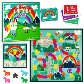 Rainbow Unicorn Rescue components with cards and pawns for kids.