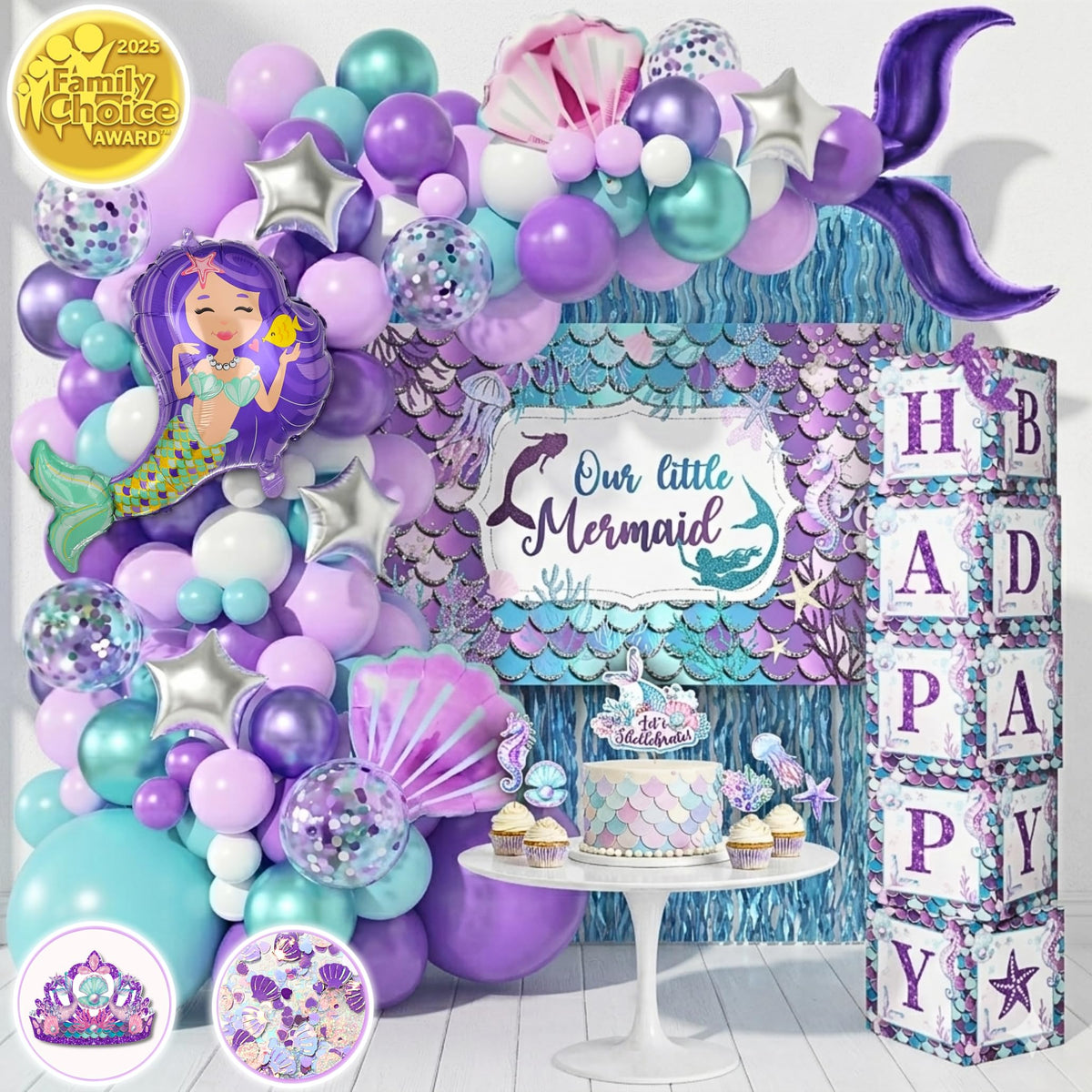 RainMeadow Little Mermaid fabric backdrop adds depth to party photos and setting.