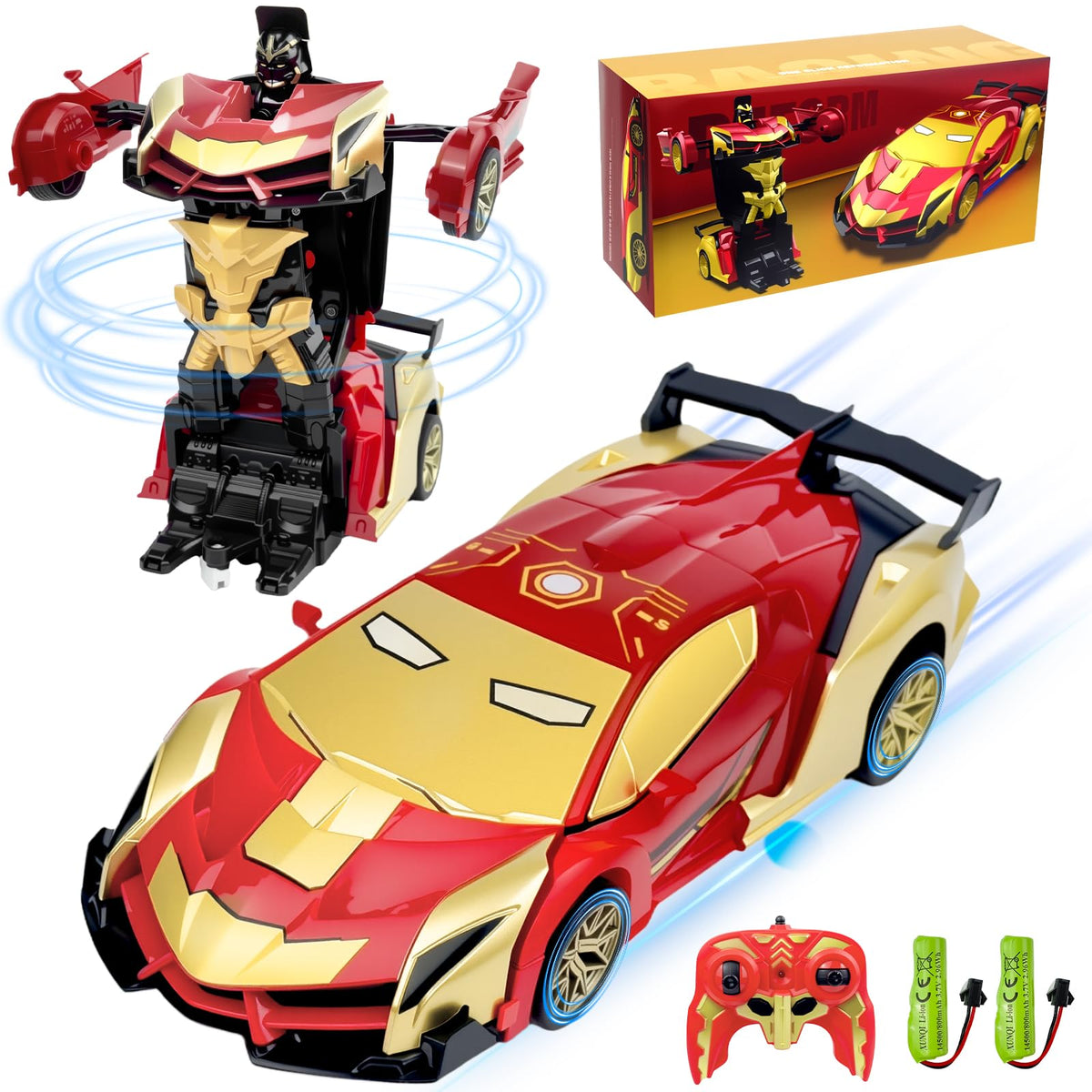 Rakay Iron Man RC car front view with blue LEDs for exciting playtime