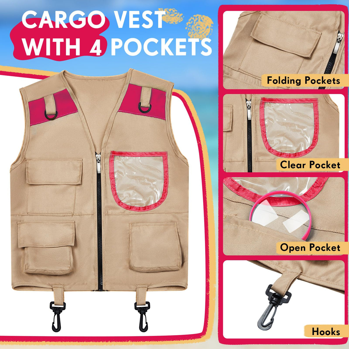 Ramede Kids Safari Explorer pocket vest pink close-up showing pocket layout.