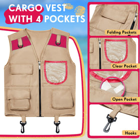 Ramede Kids Safari Explorer pocket vest pink close-up showing pocket layout.