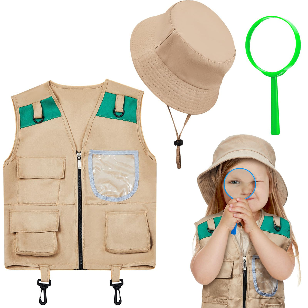 Ramede Kids Safari Explorer Vest green front pocket detail for easy storage