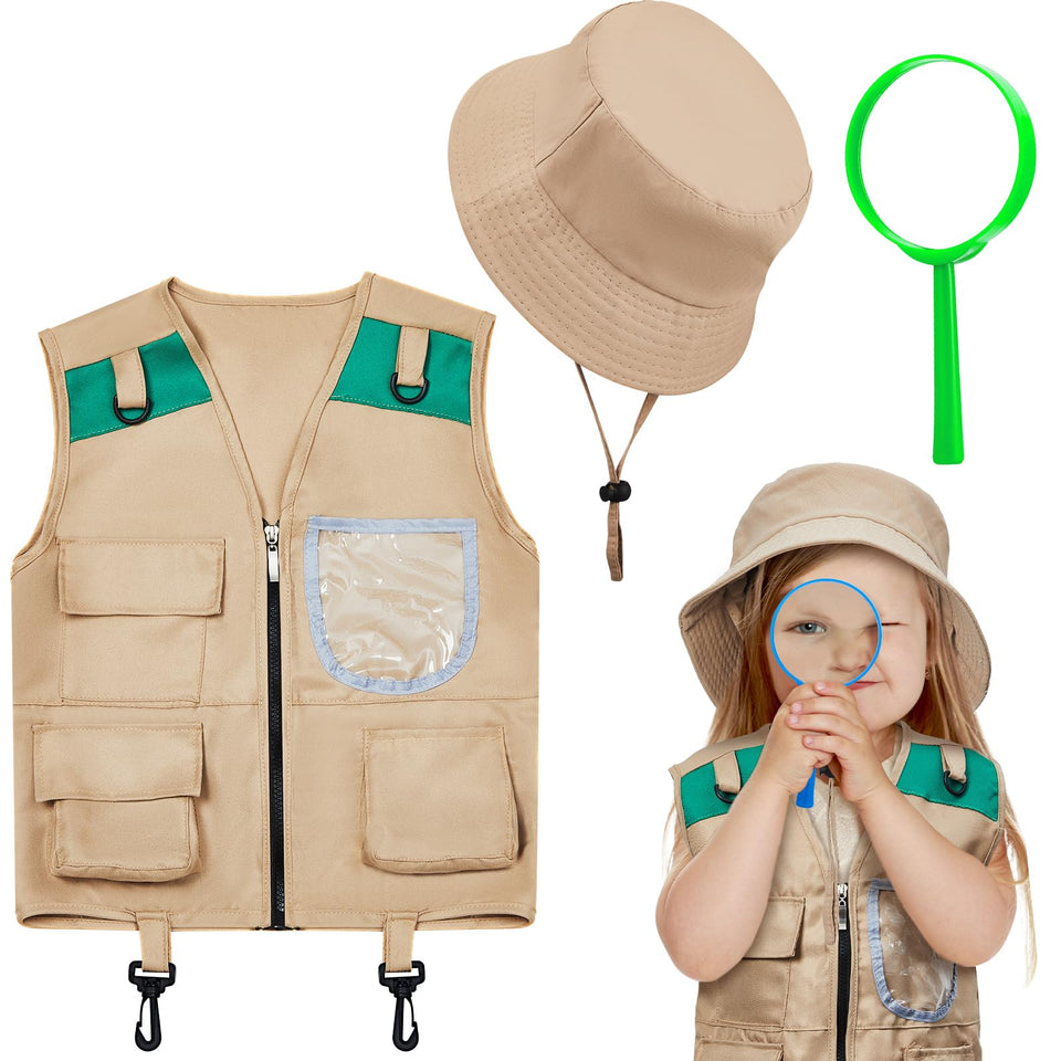 Ramede Kids Safari Explorer Vest green front pocket detail for easy storage