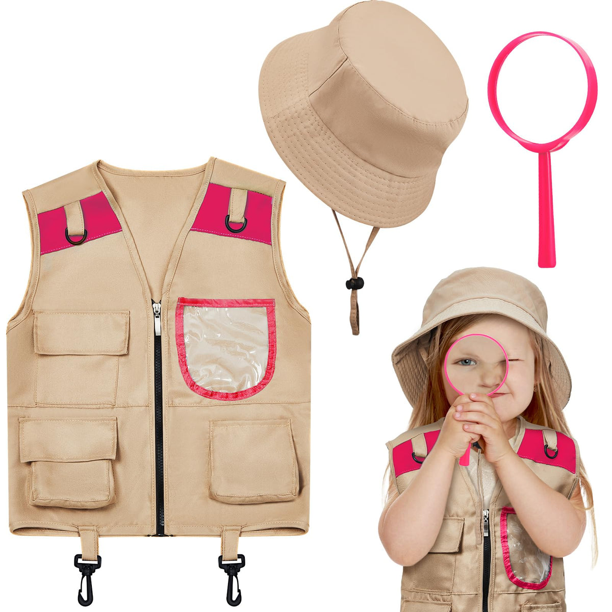 Ramede Kids Safari Explorer vest pink with four pockets for organized gear on outdoor adventures.