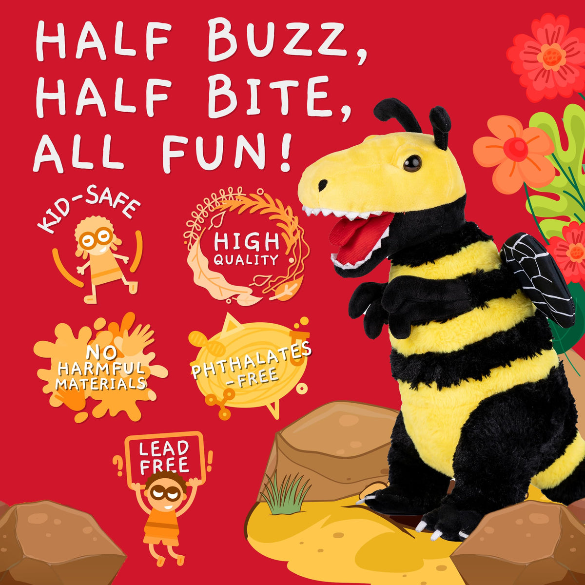 Randimals Bee-Tyrannosaurus plush side view ideal for storytelling