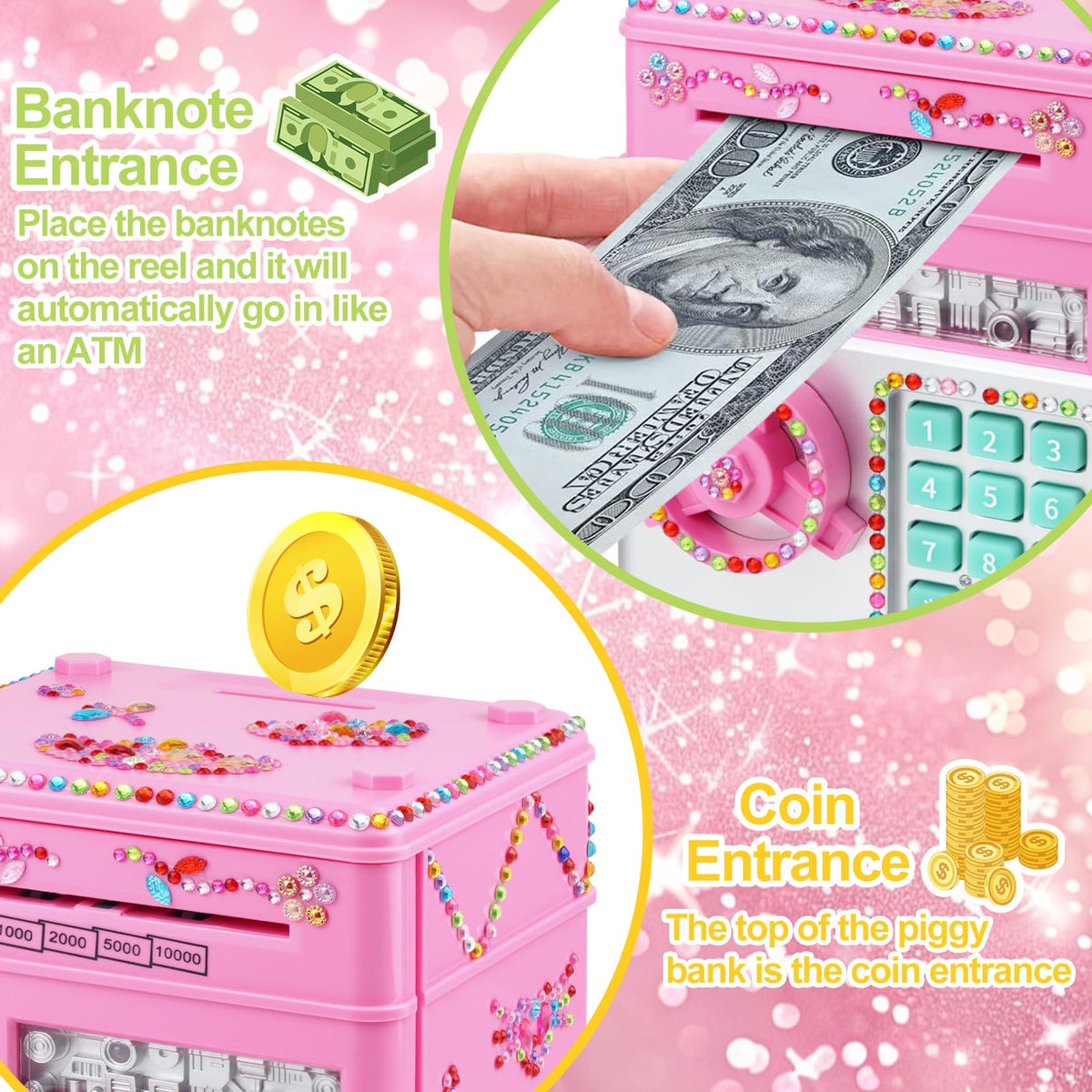 Ranphykx piggy bank password lock dial highlights secure access for children.