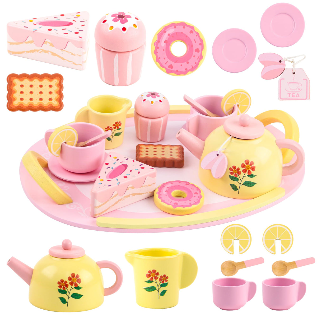 Ranqibo wooden tea set on a mini tray ready for pretend tea time
