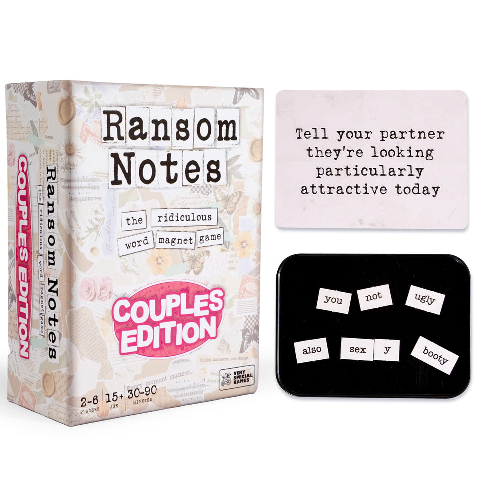 Ransom Notes Couples Edition box packaging showcases a ready-to-play party kit for memorable game nights.