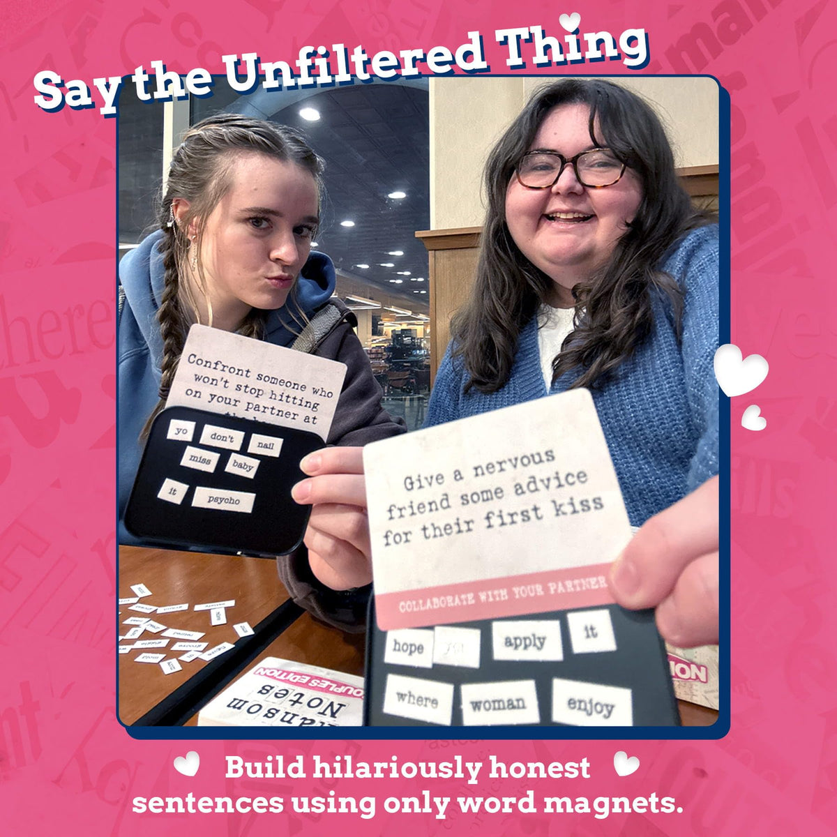 Ransom Notes Couples Edition prompt cards spark cringe confession moments during couple game nights.