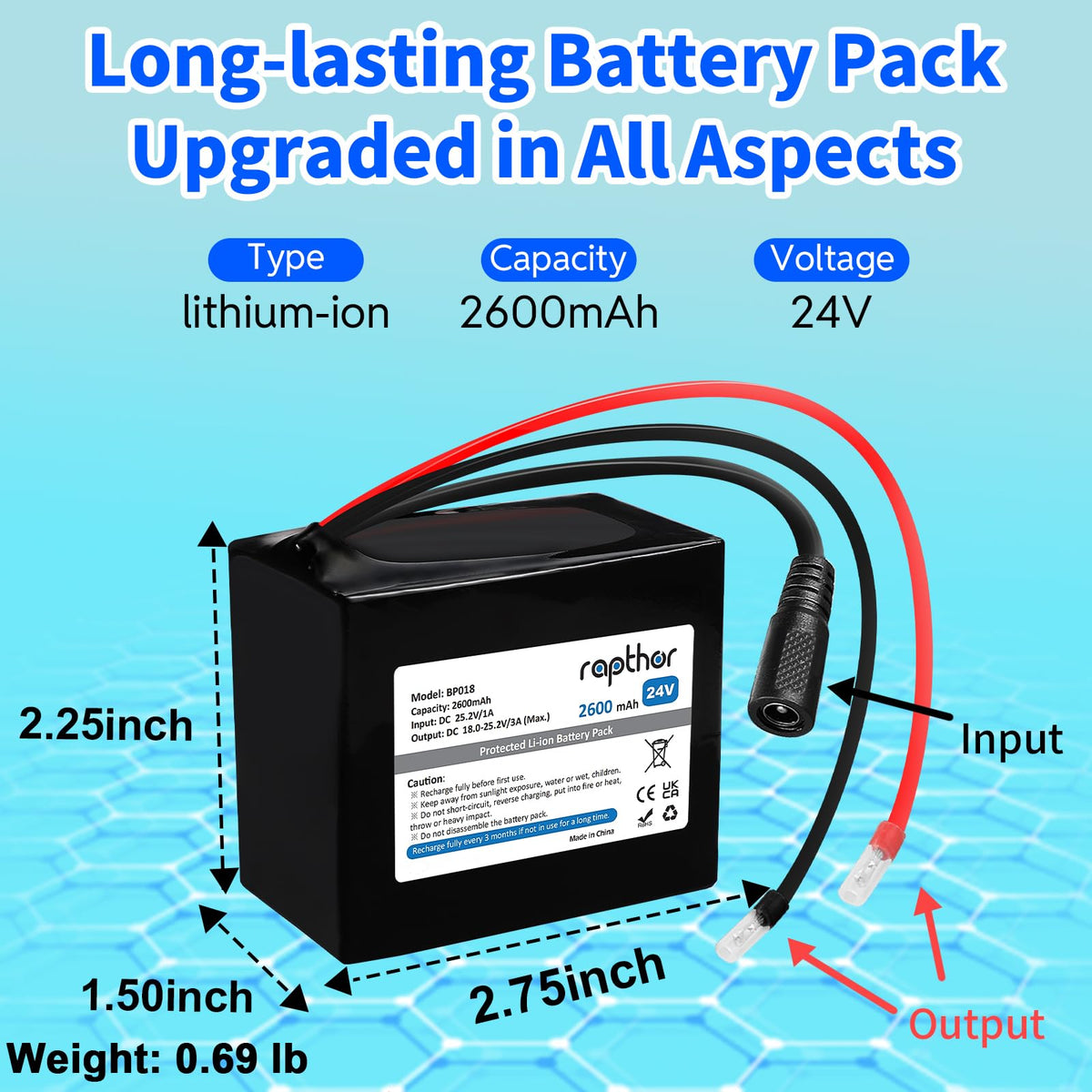 Rapthor 24V battery pack with charger included for a ready-to-use DIY kit.