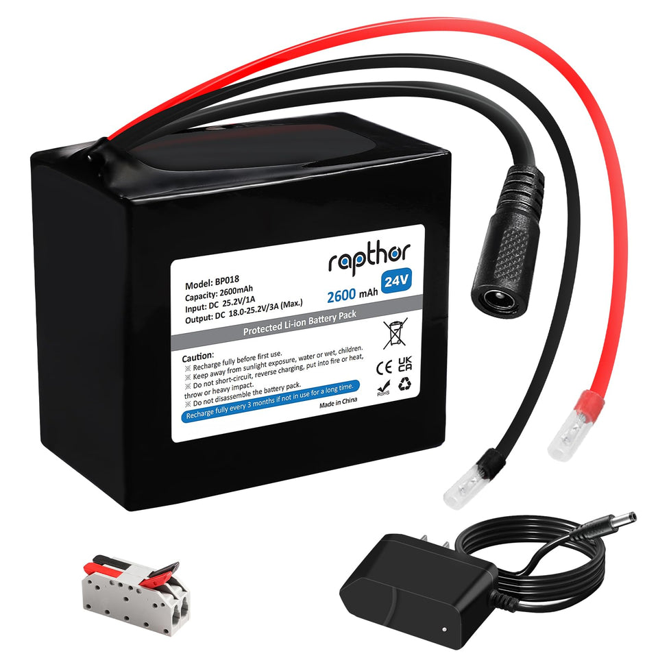 Rapthor 24V battery pack front view showing compact size for tight installations.