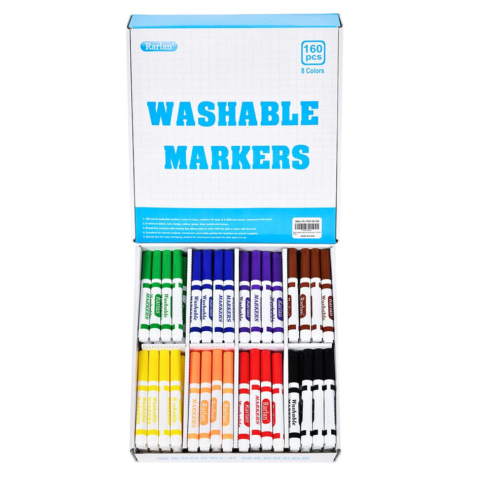 Rarlan washable markers bulk box for classroom use with eight colors.