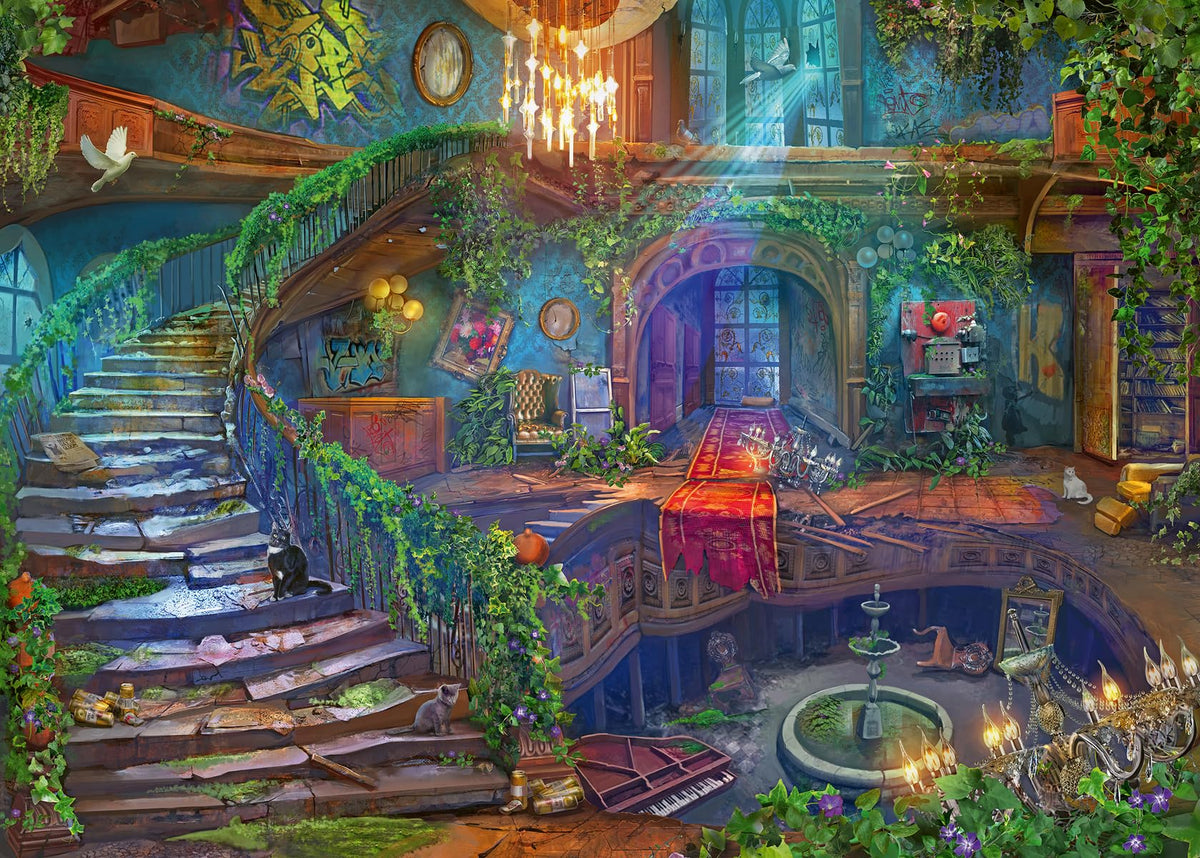 Ravensburger Hotel Vacancy lobby graffiti image highlights detailed art for a calming adult puzzle session