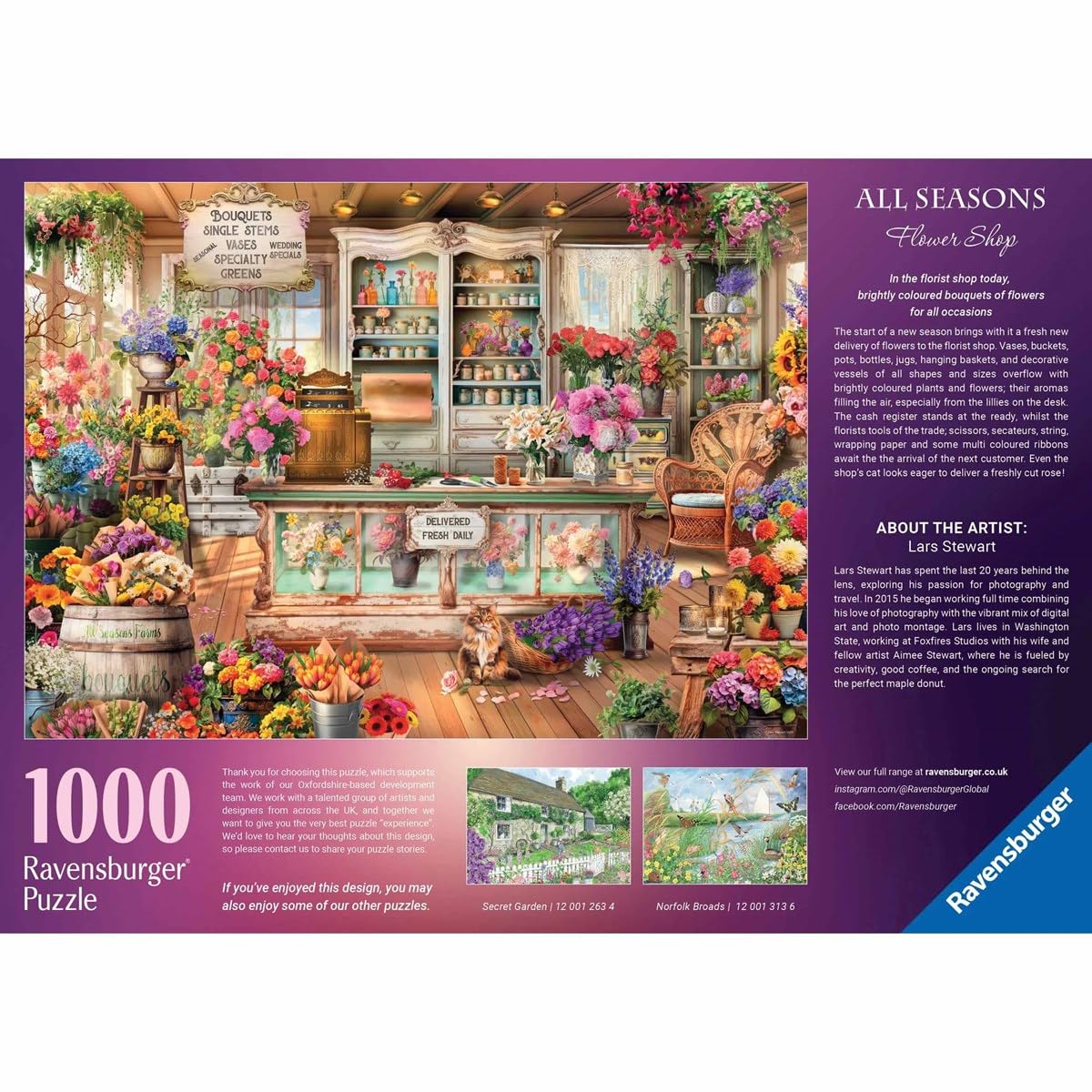 Ravensburger All Seasons Flower Shop anti-glare surface keeps colors vivid for comfortable viewing.