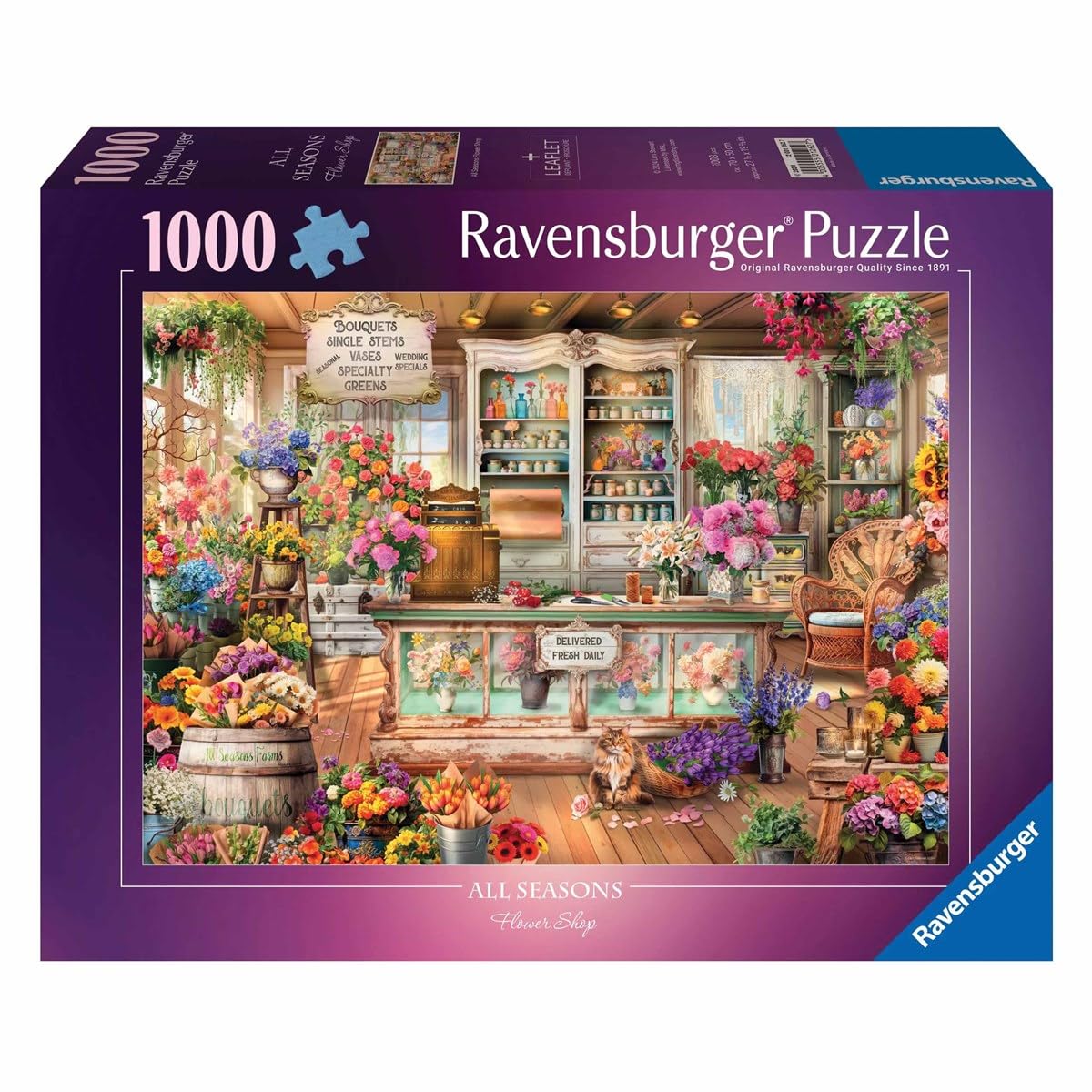 Ravensburger All Seasons Flower Shop puzzle artwork shows vibrant blooms for engaging puzzling sessions.