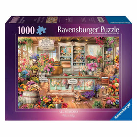 Ravensburger All Seasons Flower Shop puzzle artwork shows vibrant blooms for engaging puzzling sessions.