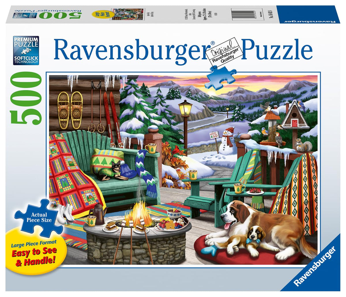 Ravensburger Après All Day features cozy fire and s'mores on the porch for calm evenings