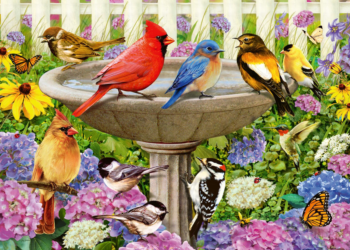 Ravensburger At The Birdbath garden scene with birds, ideal for nature lovers and relaxing puzzle sessions.