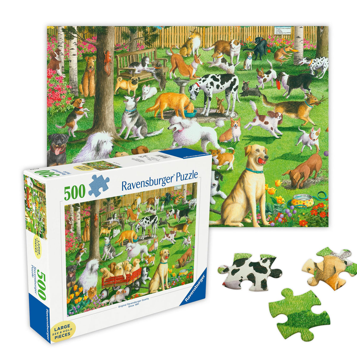 Ravensburger At the Dog Park puzzle shows dogs in a lively park scene for family nights.