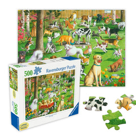 Ravensburger At the Dog Park puzzle shows dogs in a lively park scene for family nights.