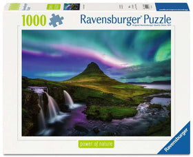 Ravensburger Aurora Over Kirkjufell puzzle offers a challenging, immersive family activity with northern lights over Kirkjufell.
