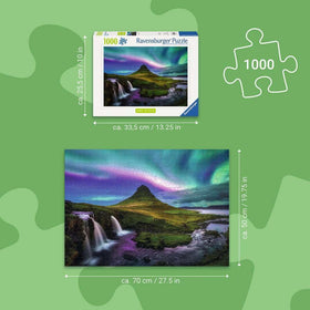 Ravensburger Aurora Over Kirkjufell puzzle highlights a dramatic Icelandic vista ideal for display.