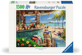 Ravensburger Beach Bar Breezes puzzle cover: tropical tiki bar scene for immersive, screen-free relaxation.
