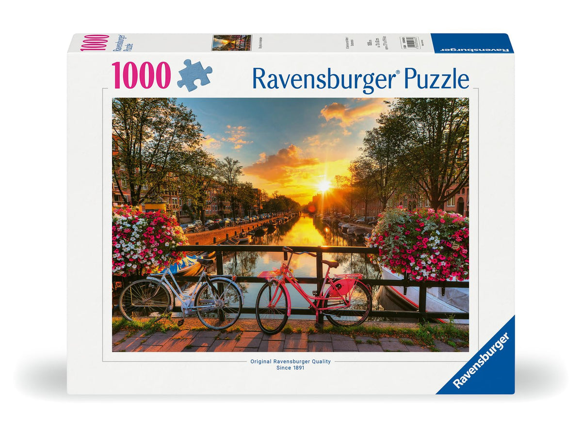 Ravensburger Bicycles in Amsterdam sunset over canal, rich detail for immersive family puzzle time.