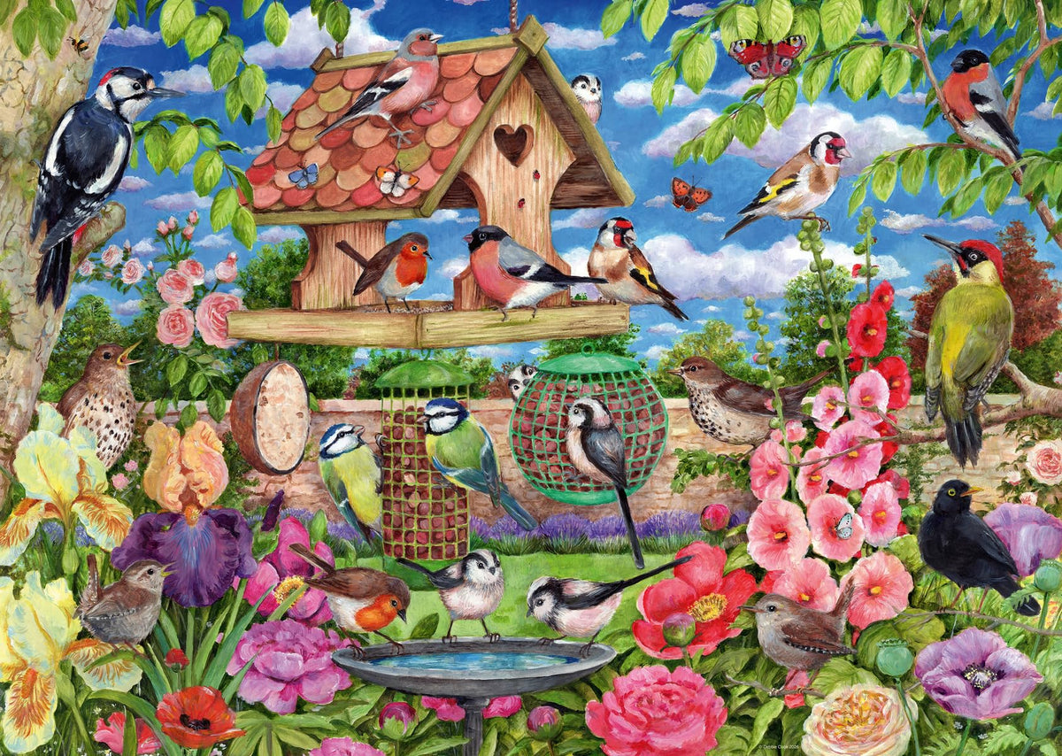 Ravensburger The Bird Table puzzle cover inviting mindful puzzling in a garden setting.