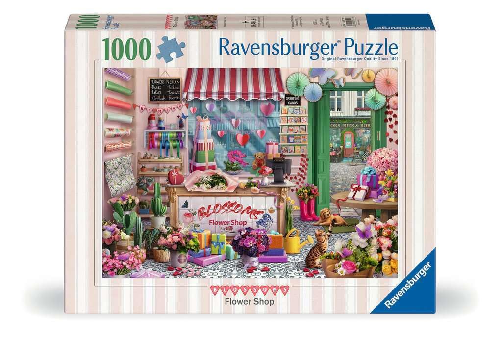 Ravensburger Blossoms Flower Shop puzzle cover with vibrant petals for mindful relaxation