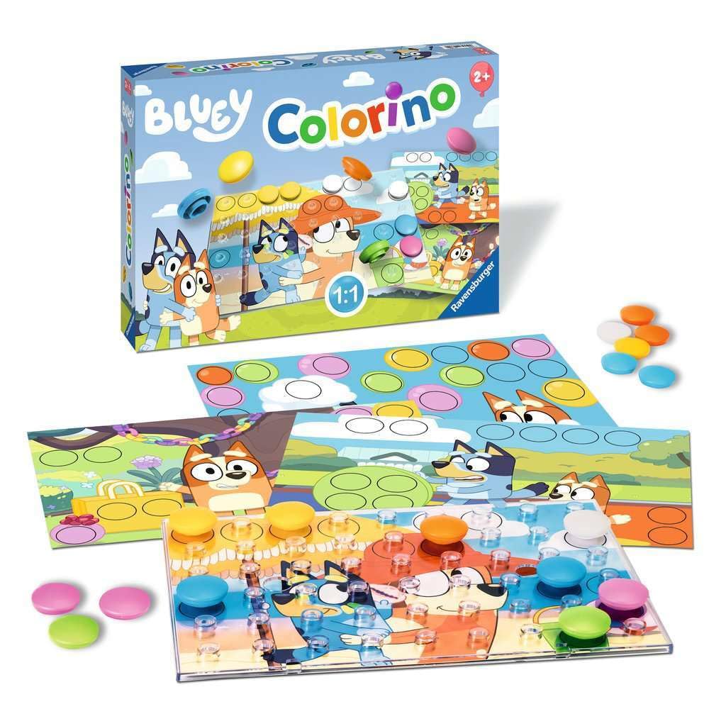 Ravensburger Bluey Colorino transparent pegboard keeps components organized during play.
