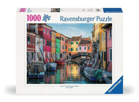 Ravensburger Burano Italy canal scene puzzle showing rainbow houses for relaxing, screen-free entertainment