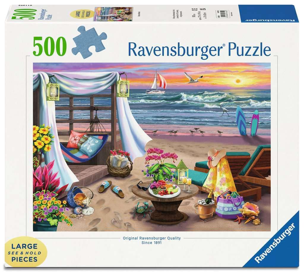 Ravensburger Cabana Retreat 500-piece puzzle — tropical-cabana-scene, ideal for relaxing evenings.