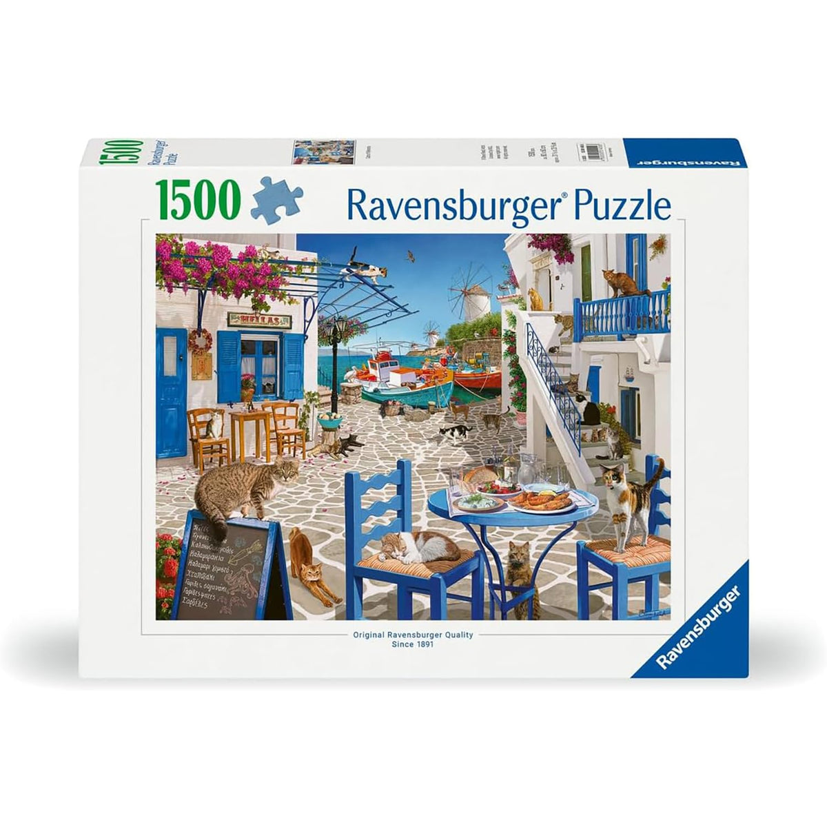 Ravensburger Cats of Mykonos sunlit harbor scene invites peaceful family puzzling.
