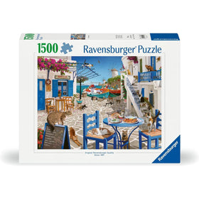 Ravensburger Cats of Mykonos sunlit harbor scene invites peaceful family puzzling.