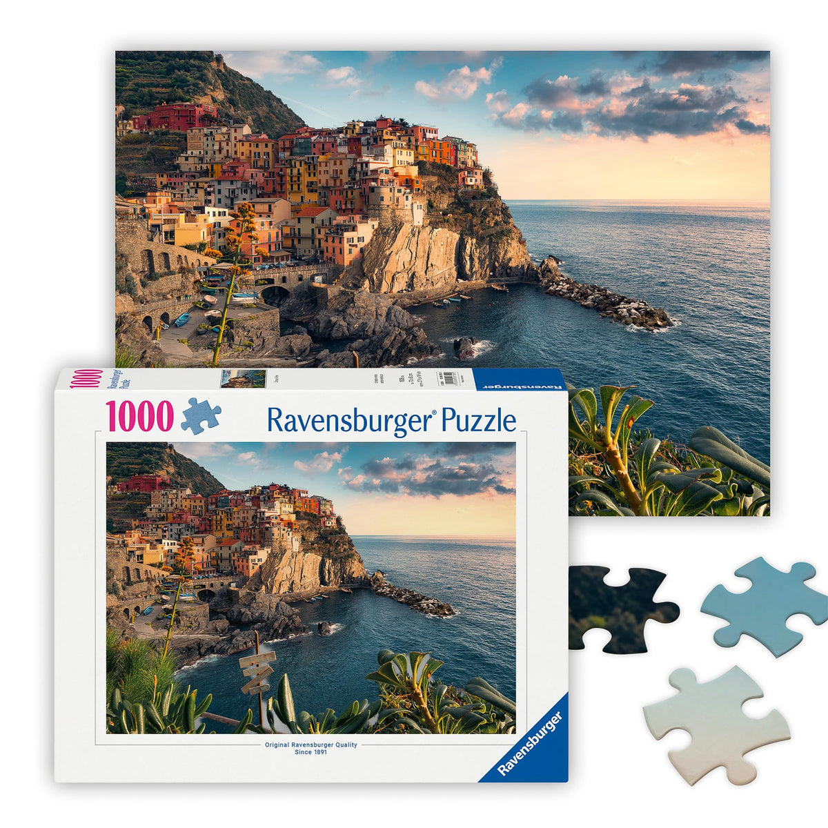 Ravensburger Cinque Terre puzzle with pastel houses on cliffs, ideal for family puzzle night