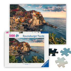 Ravensburger Cinque Terre puzzle with pastel houses on cliffs, ideal for family puzzle night