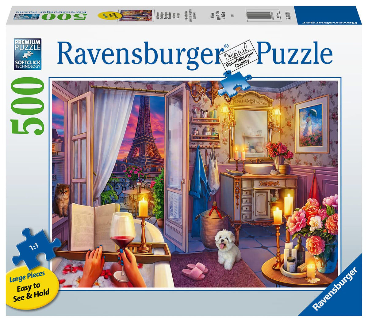 Ravensburger Cozy Bathroom 500pc puzzle scene for easy handling and relaxing puzzling sessions.