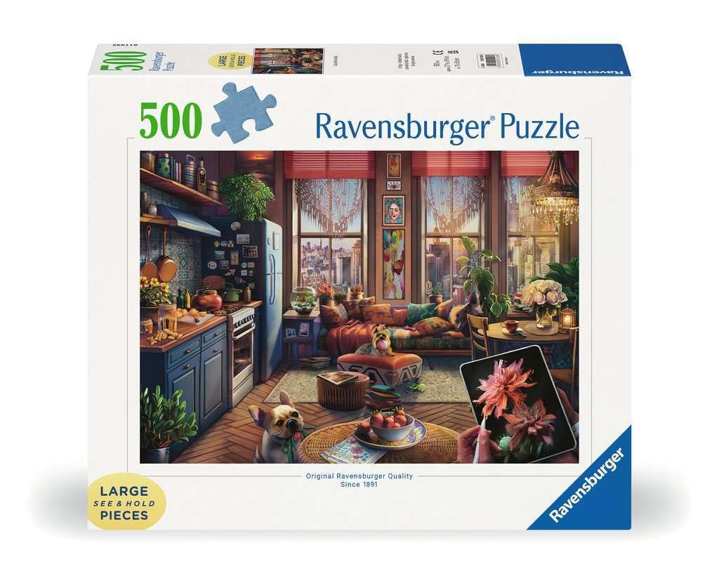 Ravensburger Cozy Boho Studio 500-piece large-format puzzle with plants, ideal for calming evenings